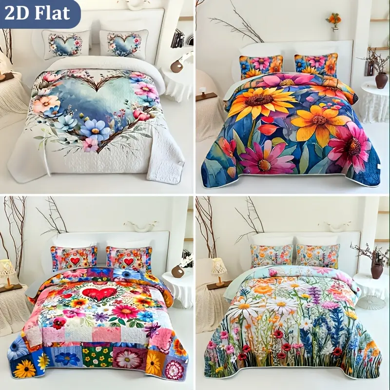 [Christmas Decorations] 2D Flat 2/3pcs Colorful Flowers And Plants Quilted Quilt, 1pc Quilted Quilt+ 1/2pcs Pillowcases, Soft Breathable Comfortable Portability Hypoallergenic Machine Washable Bed Cover Bedding Room Decor, Twin/ Queen/ King Size Chri