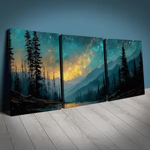 Watercolor Landscape Canvas Prints Set, Forest Midnight Art, Starry Night Wall Decor, Wood Wall Art, Perfect Room Decoration, Framed 2D Flat Design