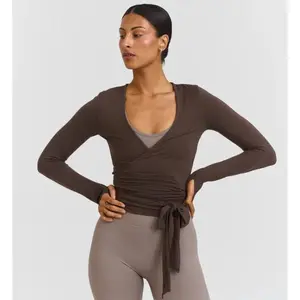 Women's Cross Tie Wrap Top with Thumb Holes, V-Neck Long Sleeve for Yoga, Pilates & Ballet Workout