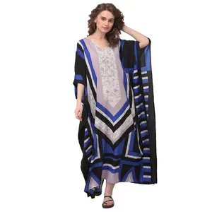 Gypsie Blu Ladies Kaftan Kimono Maxi Style Dress Polyester Plus Size Caftan Long Swimsuit Cover up Beach Dress for Women (Navy Blue Geometric Print)