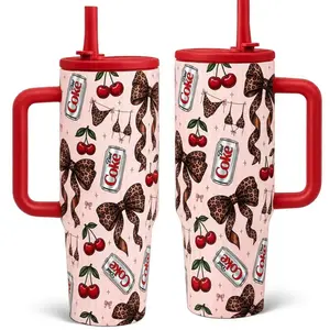 1pc 40oz Diet Coke Cherry Leopard Bow Tumbler, Double Wall Vacuum Insulated, Leakproof Lid & Straw, Stainless Steel, Keeps Hot 12h Cold 24h,