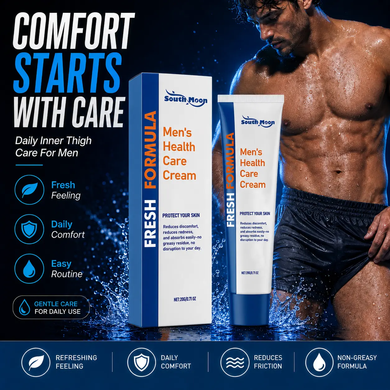 South Moon Men’s Inner Thigh Comfort Cream, Soothing Care for Itchy, Red & Friction-Prone Skin, Lightweight Non-Greasy Formula