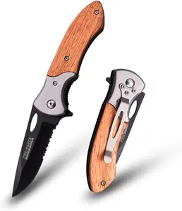 Tac-Force- Folding Pocket Knife –Partially Serrated, Black Stainless Steel Blade, Wood Handle w/Stainless Steel Bolster and Pocket Clip, Tactical, EDC, Rescue - TF-876