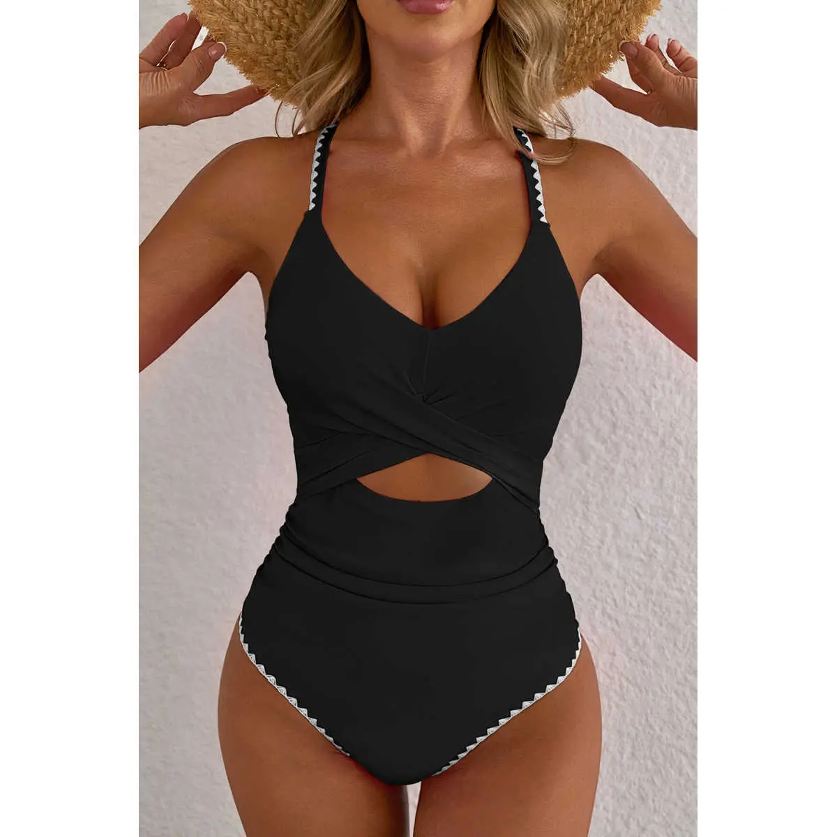 Black Ric Rac Trim Contrasted Patchwork Cutout One Piece Swimsuit