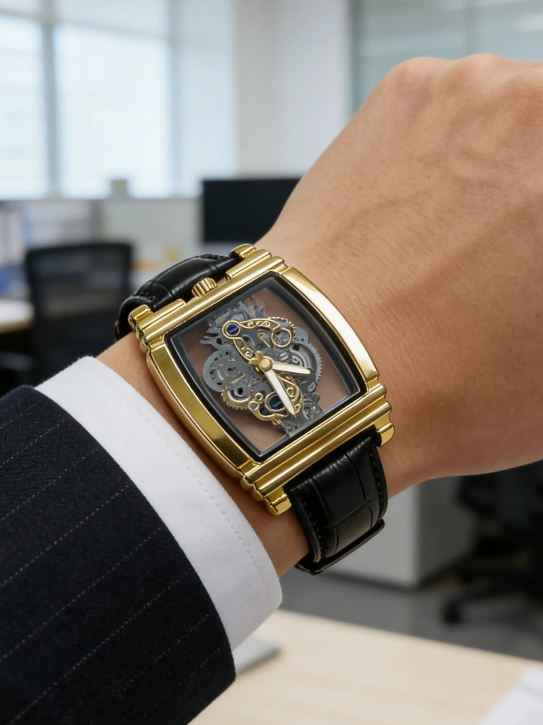 Luxury Square Skull Quartz Men's Watch, Vintage Hollow Design Skeleton Watches, Leather Strap, Business Casual Waterproof, Fashionable Waterproof Watch, Ideal for Work and Parties, Casual Business Wristwatch