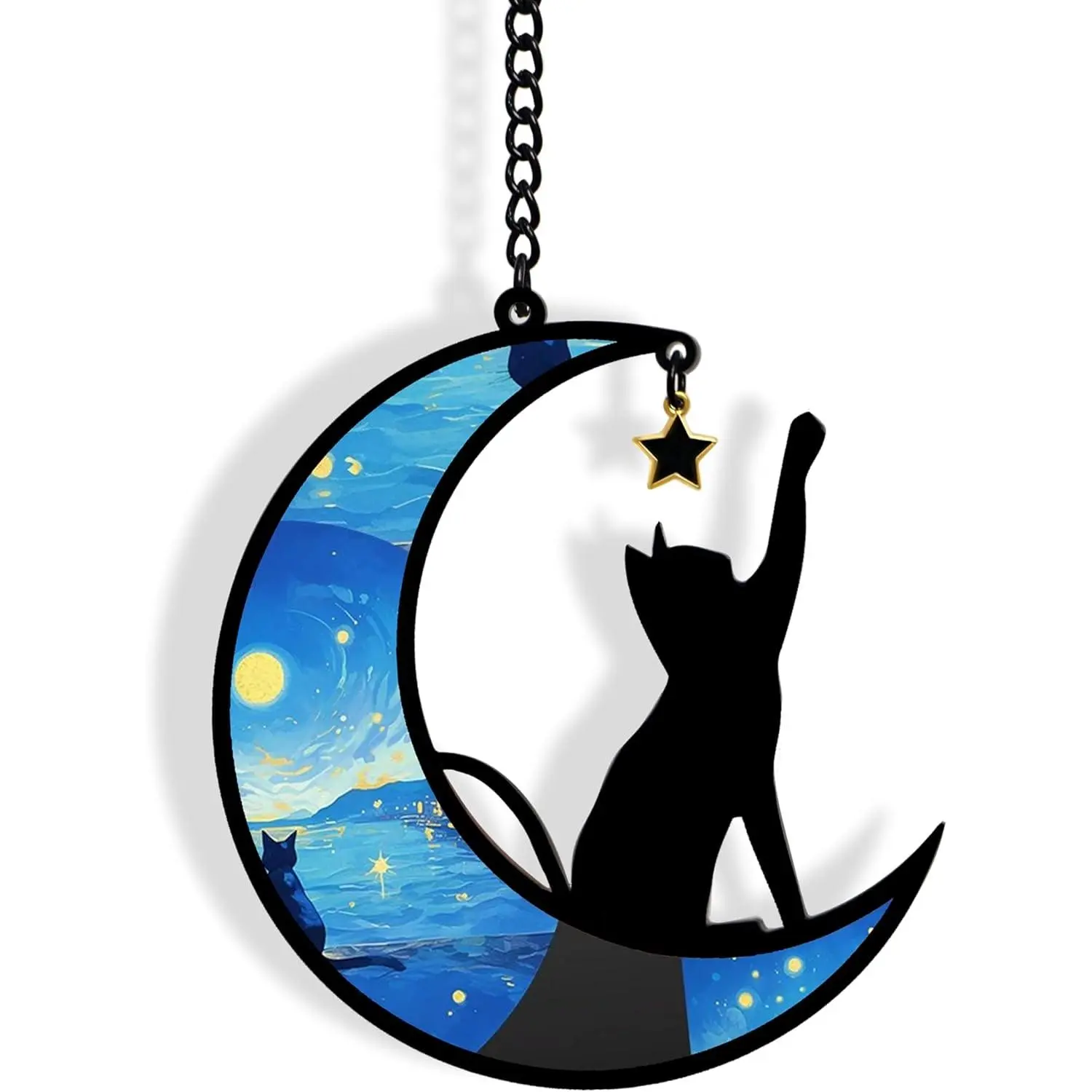 Black Cat Stained Glass Window Hanging: Cat Ornaments with Blue Moon Gifts for Women - Suncatchers for Windows & Patio Decor, Cute Witchy Gift for Cat Lovers #summerwins