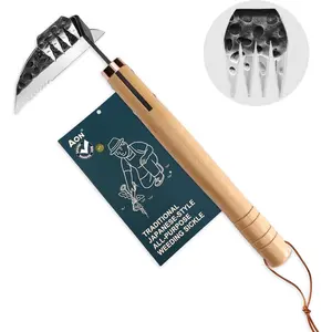 AON All-Purpose Japanese Sickle & Hand Hoe, Forged Weed Tool with Edge & 4-Tine for Digging,, Uprooting in Vegetable, Backyard or Raised Beds