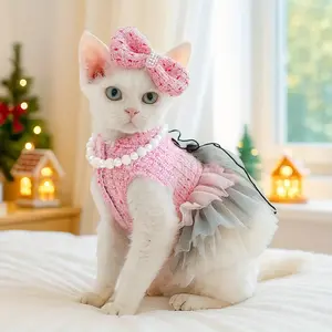 3-piece Luxury Cat and Dog Outfit - Elegant Princess Ruffle Dress with Matching Bow Headband and Pearl Necklace, Pink and White Pet Clothing Suitable for Small Dog Breeds, Winter/Spring/Autumn Special, Hand Wash Only, Snap Closure, Suitable for All Season