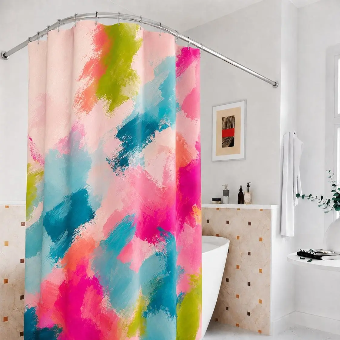 Modern Abstract Art Shower Curtain, Vibrant Color Brushstroke Painting, Gallery-Inspired Bathroom Decor, Waterproof Customizable Bath Curtain with 12 Hooks Included, Shower Curtains