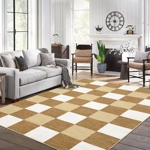 【GARVEE】9x12 Camel Checkered Rug - Washable, Foldable, Low Pile Checkerboard Carpet with Non-Slip Backing for Large Indoor Areas Including Living Room, Office, Dining Room, Bedroom, and Classroom