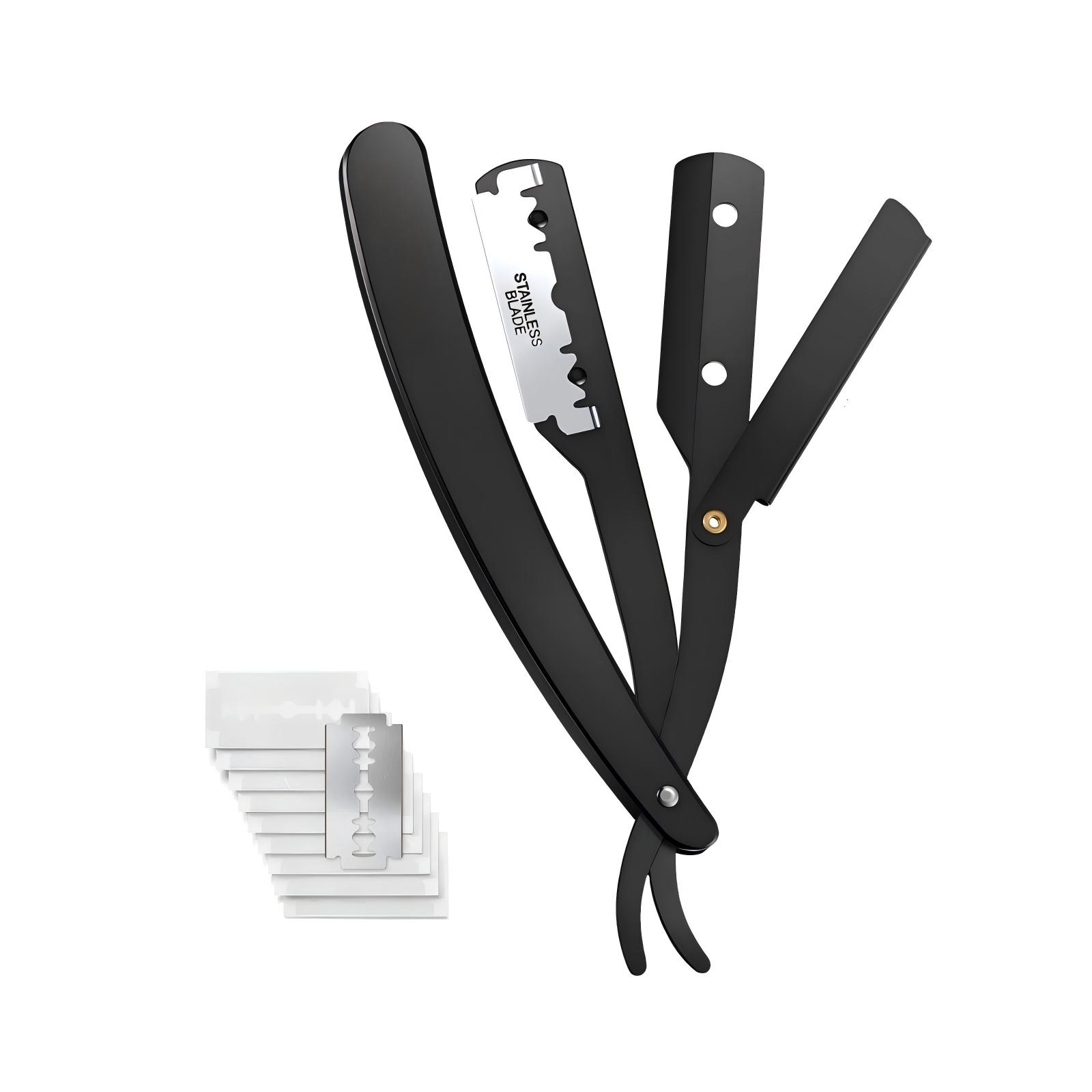 Professional Men's Straight Razor Kit, Equipped with Neck Brush and 10 Double-Edged Blades, Great for Barbershops, Father's Day & Daily Gifts