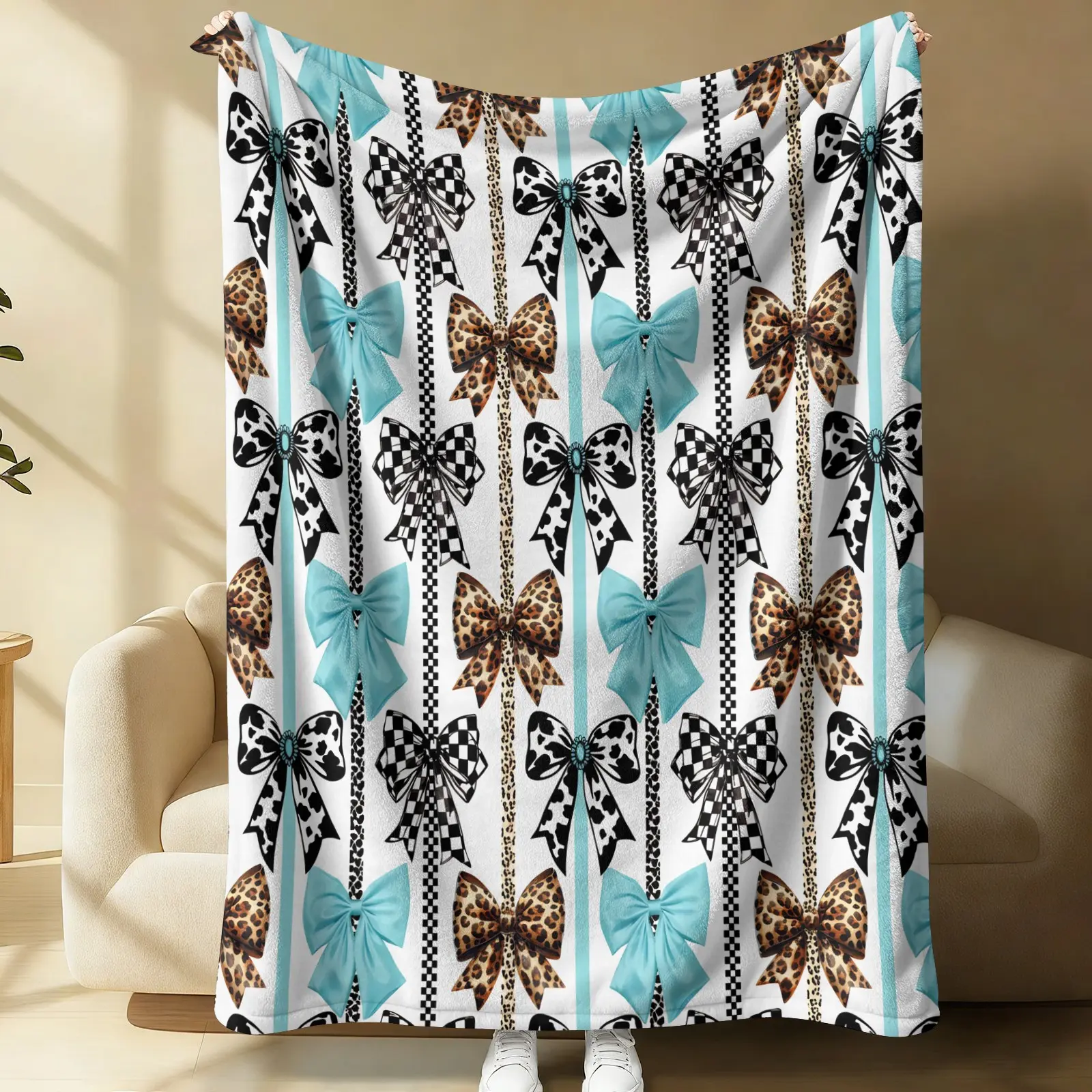 Leopard & Checkered Bow Print Flannel Throw Blanket, Coquette Turquoise Blue Ribbon Pattern Blanket for Summer Air Conditioner Room, Multi-use Lightweight Cozy Blanket for Bed Sofa Cover Office Nap Car Camping Travel