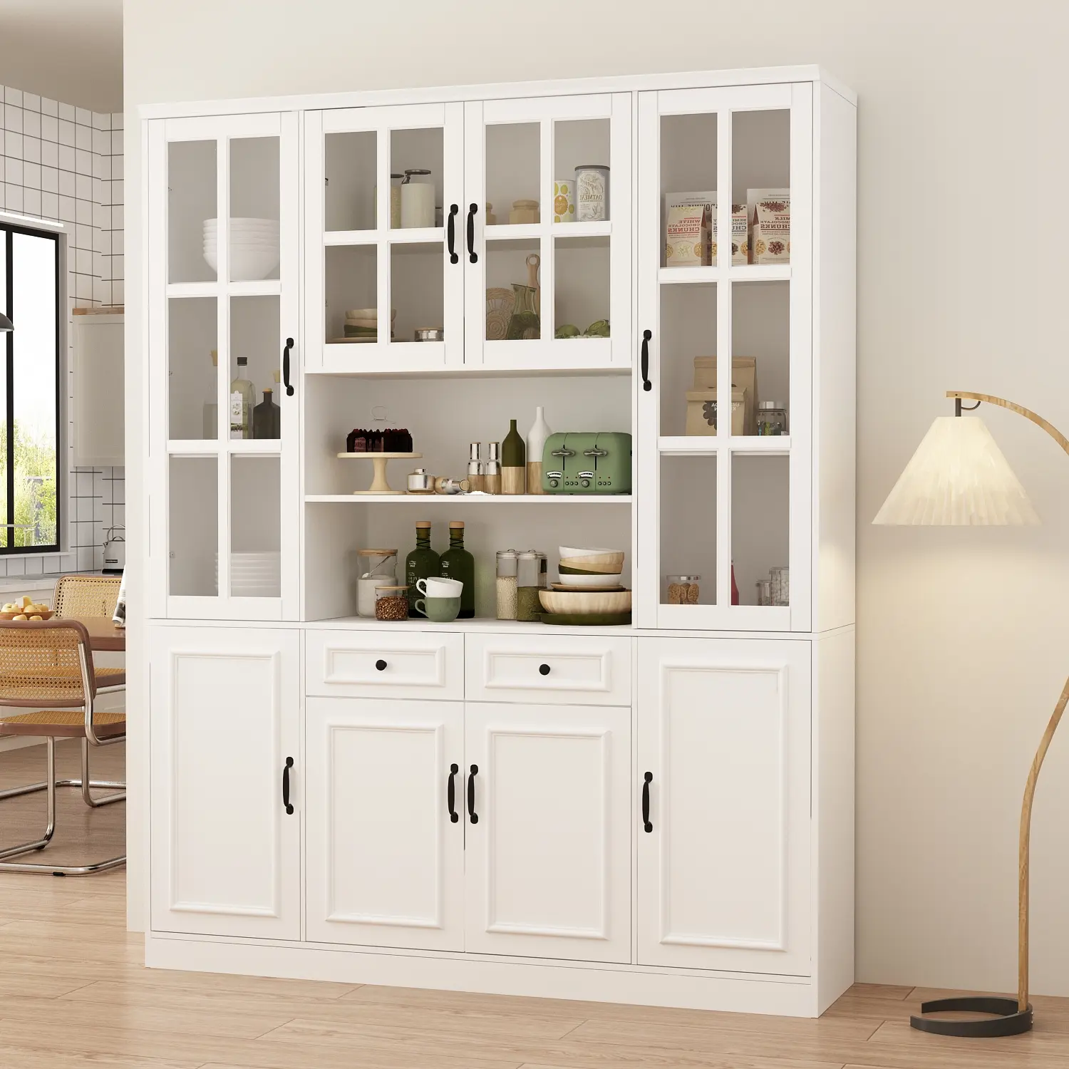 FUFU&GAGA New Large Kitchen Hutch Storage Cabinet with Hutch & Glass Doors, Pantry Cabinet and Kitchen Storage, Drawers & Shelves and Doors
