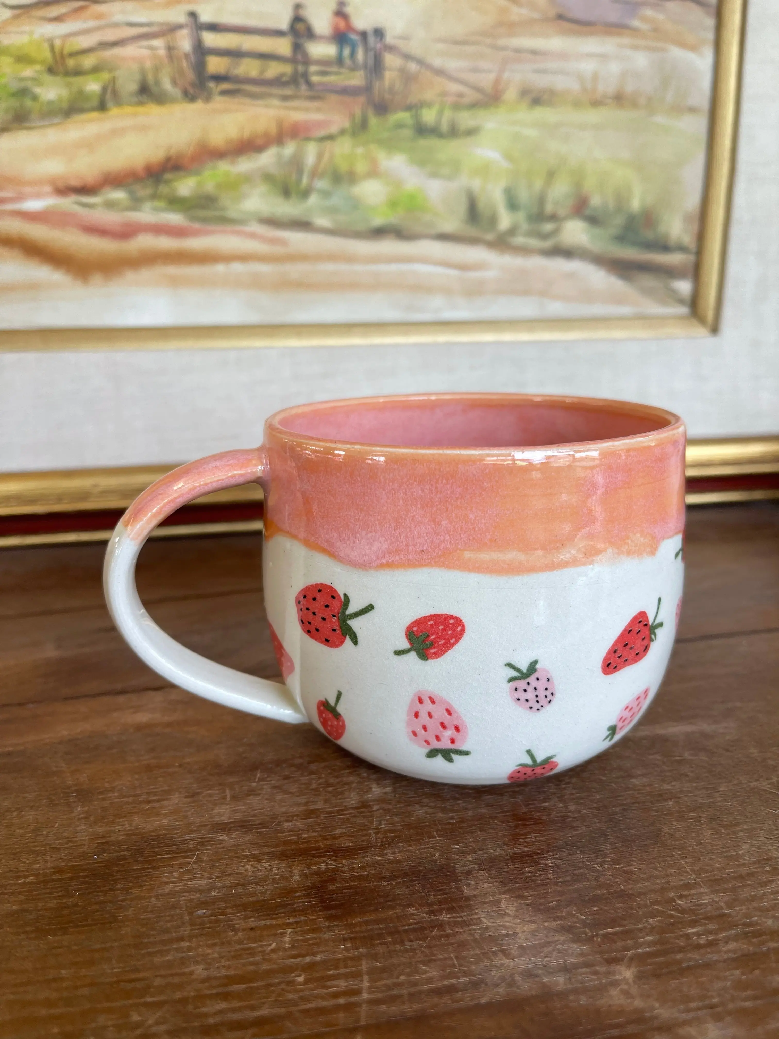 Handmade Wheel-Thrown Ceramic Strawberry Mug with Peach Glaze Interior