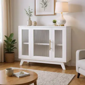 Garvee Modern Buffet Cabinet with Fluted Glass Door, 36" Sideboard Buffet Storage Cabinet with Adjustable Shelves, Console Cupboard Display Organiser Unit for Home Kitchen Living Room Hallway, White