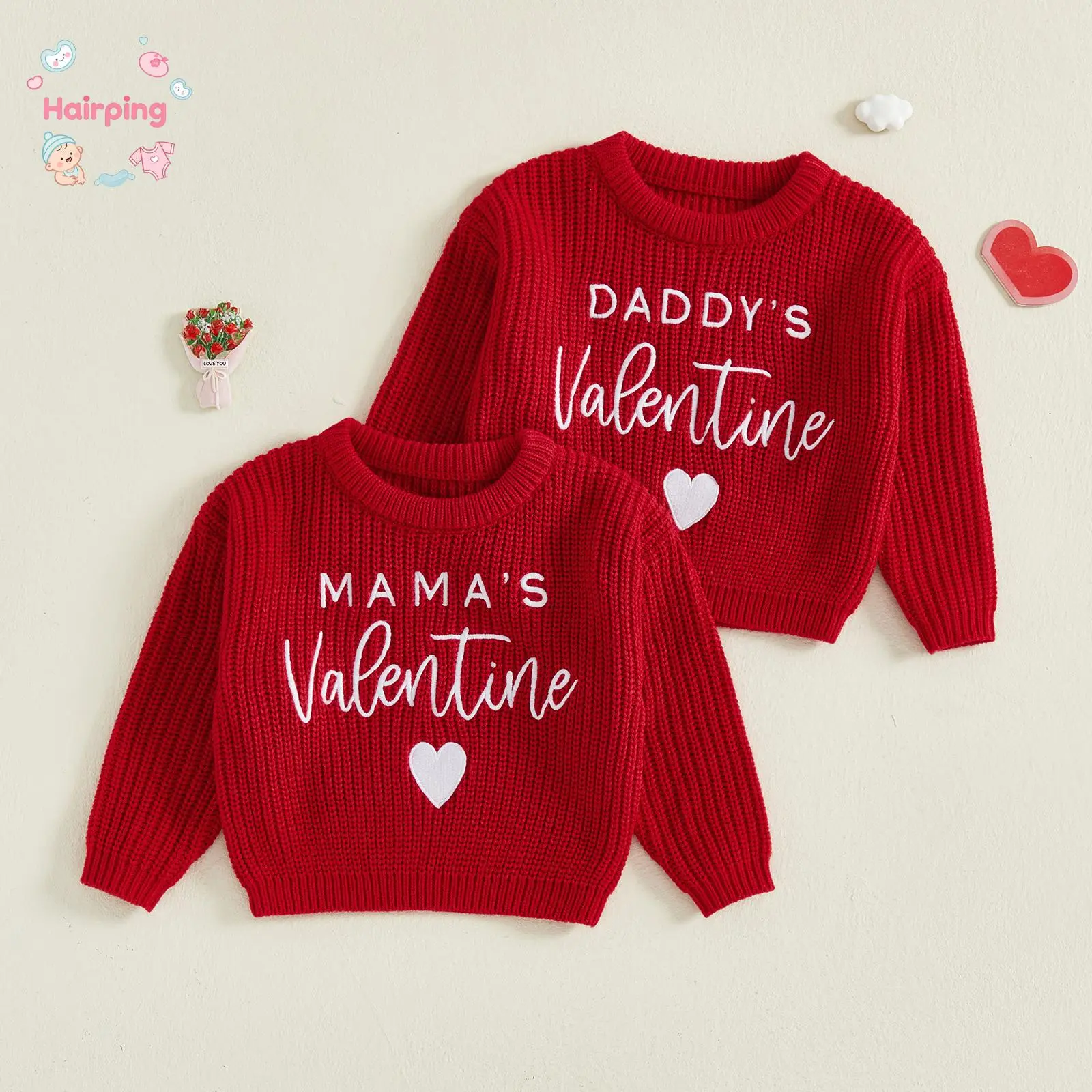 Baby Valentine's Day Embroidered Casual Soft Acrylic Sweater - Long Sleeve Round Neck Letter Heart Knit Pullover, 12-18m Baby Clothes, Knit Clothing Sweaters