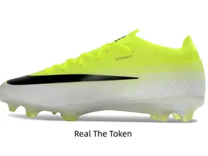 Neon yellow white gradient soccer cleats with black graphic accents, thin breathable upper delivers soft ball touch, transparent multi-stud sole provides reliable traction on natural grass pitches.