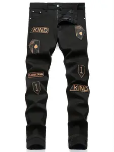 Men's Ripped Fitted Straight Leg Jeans, Comfortable Denim Jeans with Trendy Hole Design Print, Casual Streetwear Fashion for Everyday Wear