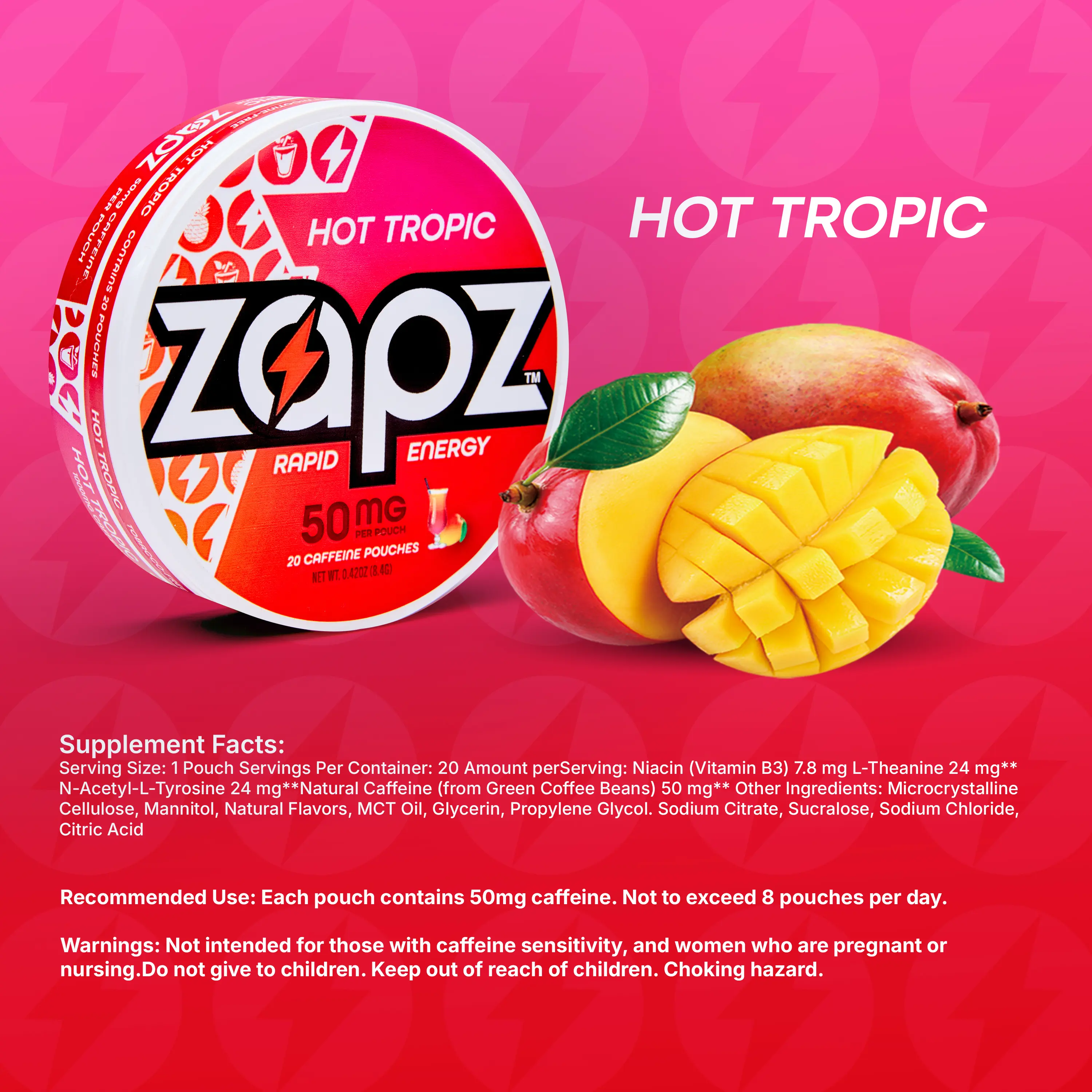 ZAPZ Caffeine Pouches, Hot Tropic, 5 Cans x 20 Count, Energy