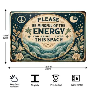 1pc Energy Mindfulness Metal Tin Sign - Bohemian Zen Style 8*12 Inch Aluminum Wall Art with Floral Celestial Design & Inspirational Quote - Single-Sided Decor for Home, Meditation Spaces, Yoga Studios, and Meditation Room, Meditation Room