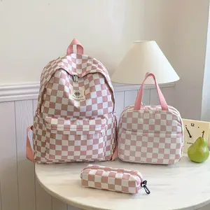 3pcs Set, High-Quality Fabric Women's Backpacks, Pink Checkered, Large Capacity, Adjustable Straps, Polyester Lining, Foldable, Casual School Travel Bag for Teenage Girls, Non-Washable