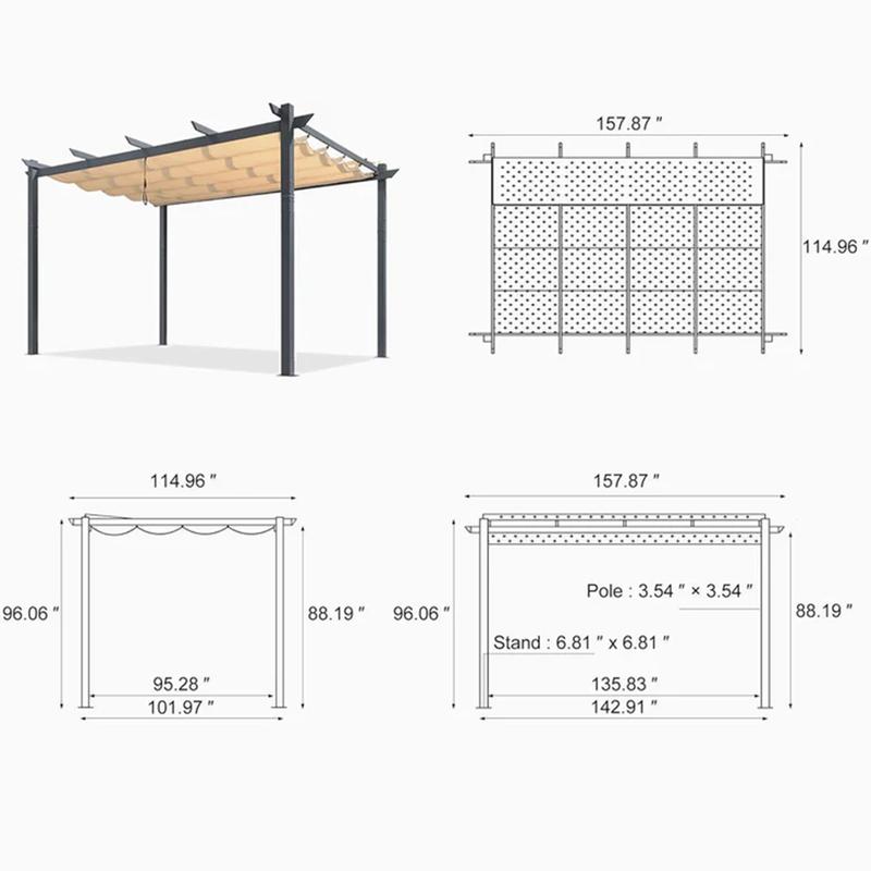PURPLE LEAF 10'x13' Patio Retractable Pergola with Shade Canopy Modern Grill Gazebo Metal Shelter Pavilion for Porch Deck Garden Backyard Outdoor Pergola, Gray