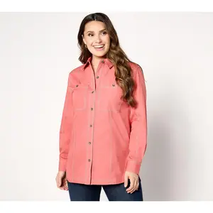 Joan Rivers Solid Button Front Shirt with Topstich Detail