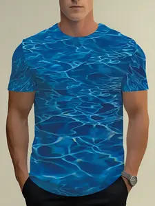 Men's Modern T-Shirt- Non-See-Through Blue Ripple Pattern Short Sleeve, Soft Casual Top Daily Wear, Suitable Parties and Formal Occasions- Washable Novel Style, Versatile Clothing, Unique Print, High-Quality Fashion Men's Wear, PLUS SIZE