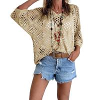 Women's Bohemian-Inspired Beige Crochet Top with V-Neck Casual Chic