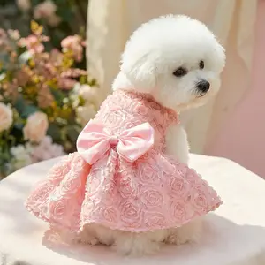 3D Rose Flower Pet Dress with Delicate Bow, Ideal for Poodle, Small to Medium Dogs and Cats, Perfect for Daily Wear and Parties