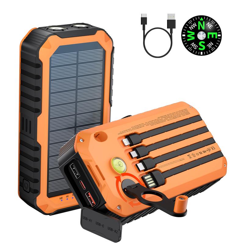 Portable Solar Power Bank with Hand Crank, 40000mAh High Capacity, Built-in 4 Cables, Bright Flashlight, Compass & Level, 6 Outputs & 3 Inputs, 22.5W Super Fast Charging, Charges 6 Devices, for iPhone, Android, Samsung, Travel, Hiking, Camping, Outdoors