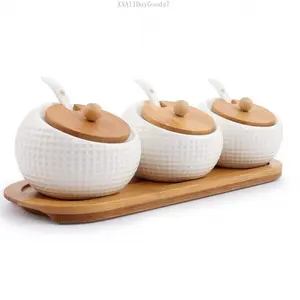 Condiment Jar Spice Container with Lids - Bamboo Cap Holder Spot, Ceramic Serving Spoon, Wooden Tray Best Pottery Cruet Pot for Your Home, Kitchen, Counter.White, Set of 3XXAllDayGoods7
