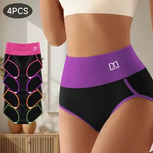 4 Packs High-Wais Tummy Control Briefs for Women,Soft Comfy Breathable Panties for Daily Wear,Contrast Colors High Elasticity Briefs Set,Mixed Colors Coverage Body Shaping Briefs for Womenswear, S-XXL