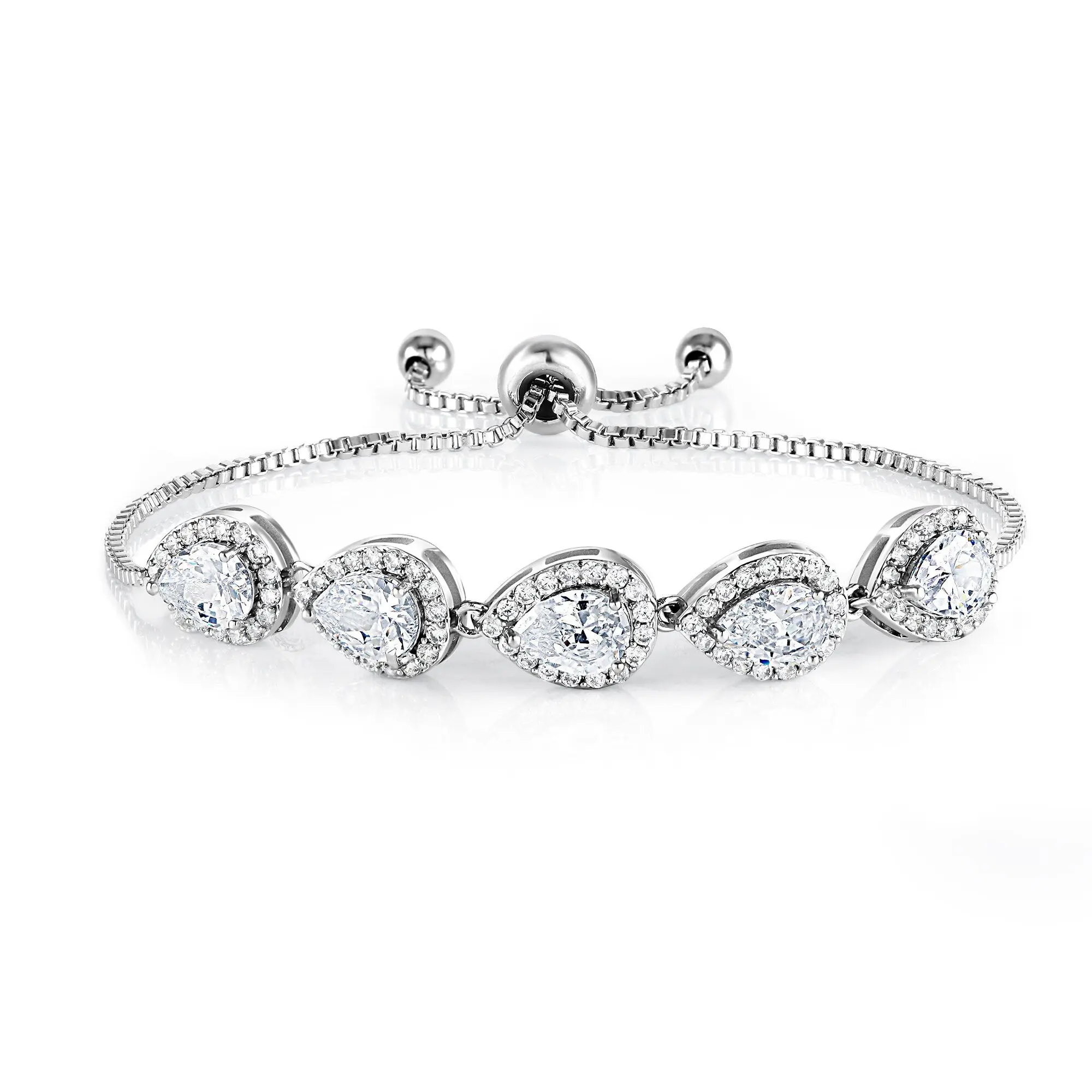 Pear Shape Cubic Zirconia Rhodium Plated Bracelet, Halo Bracelet, Tear drop Cz Bracelet, Pear Shape Cz Bracelet, Adjustable Bracelet