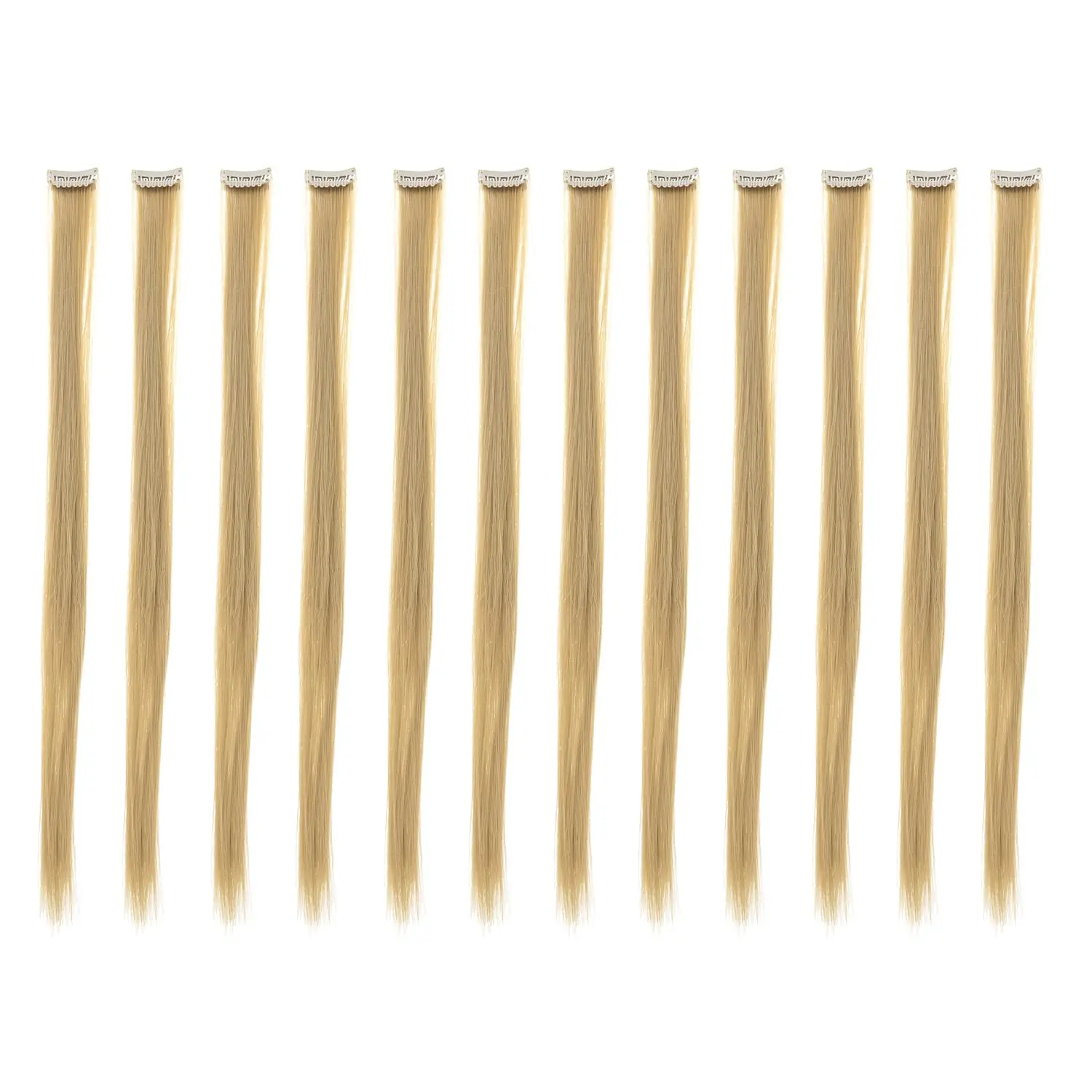 12 count Straight One Color Party Highlights Clip on in Hair Extensions Colored Hair Streak Synthetic Hairpieces (Beige Blonde)