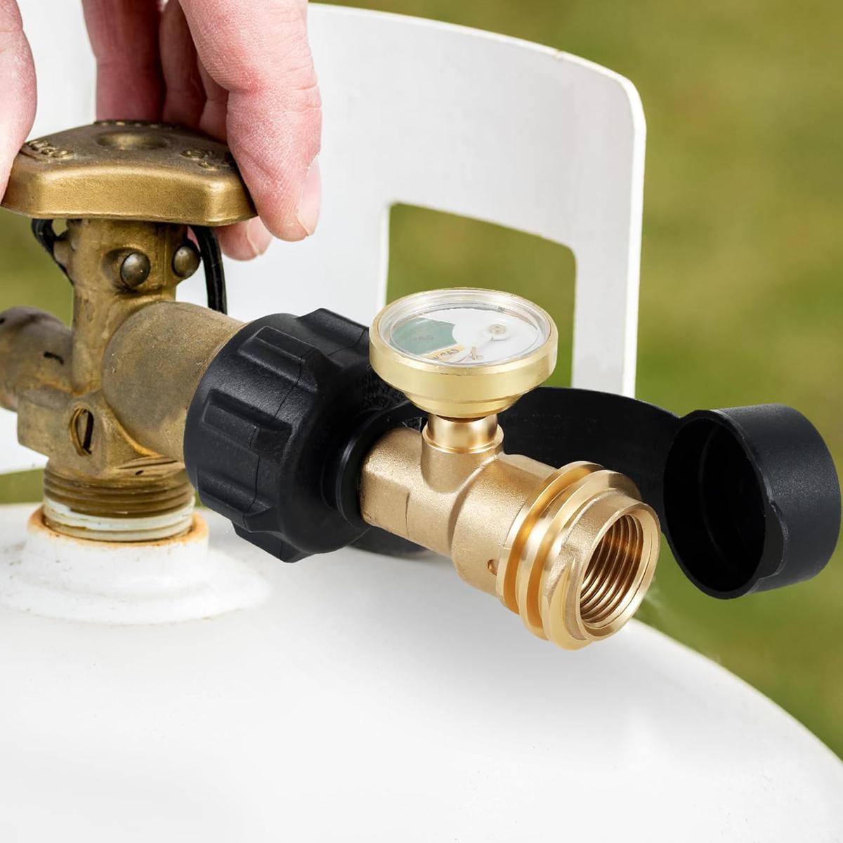 Propane Tank Gauge Level Indicator with Leak Detector, Glow-in-the-Dark Dial, Solid Brass Type 1/QCC1 Adapter for 5–20 lb Cylinders, BBQ Grill, RV, Camper, Heater & Camp Stove