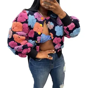 Bomber Jacket Women Cropped Floral Button Down Varsity Jacket Long Sleeve Casual Streetwear Fall Winter Warm Coat