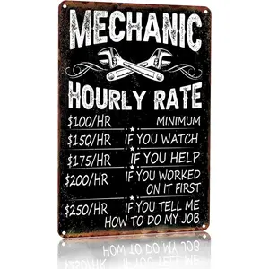 Mechanic Gifts for Men Dad&Husband Funny Mechanic Sign Mechanic Hourly Rate Reproduction Vintage Metal Sign for Man Cave, Cars, Workshop or Garage Wall Decor 12x8 Inch (3027)