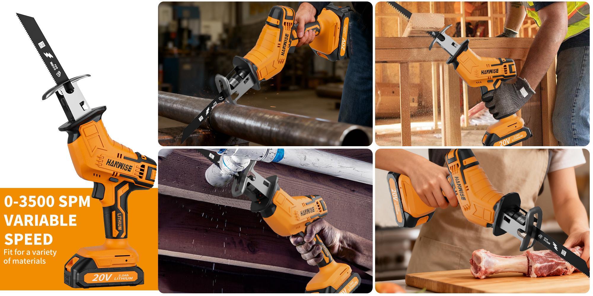 Reciprocating Saw, Electric Saw with Charger And Battery, 20V Power Saws, Variable Speed from 0 to 3500 SPM, Tool-Free Blade Replacement, Includes 4 Blades for Cutting Wood, PVC