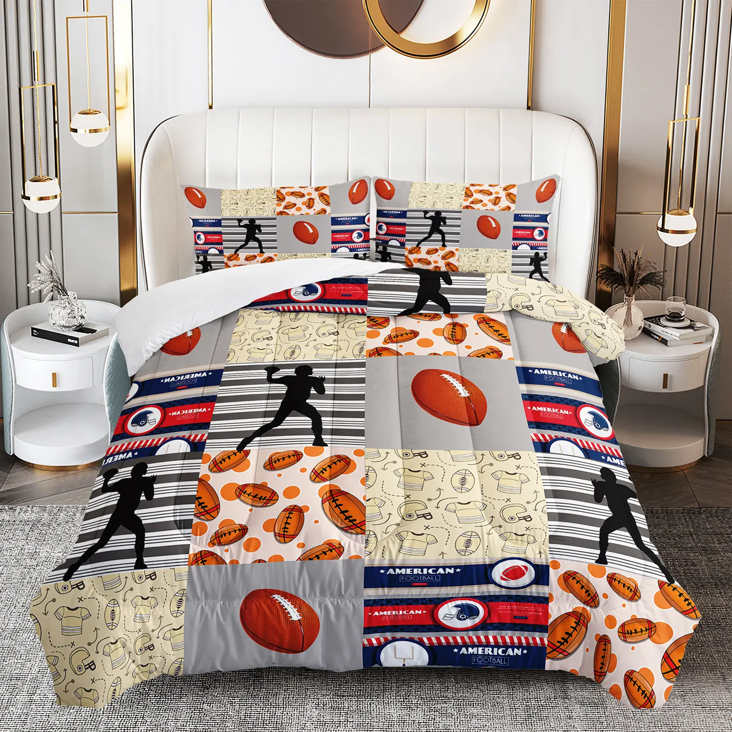 3pcs Sports Theme Football Print Queen Size Microfibre Duvet Set - Quilt Bedding Set with 2 Pillowcases, Breathable Lightweight Soft Warm All-Seasons Bedding, Machine Washable Comforter Queen Size, Girls’ Bedroom Decor, Family Gift, All Ages