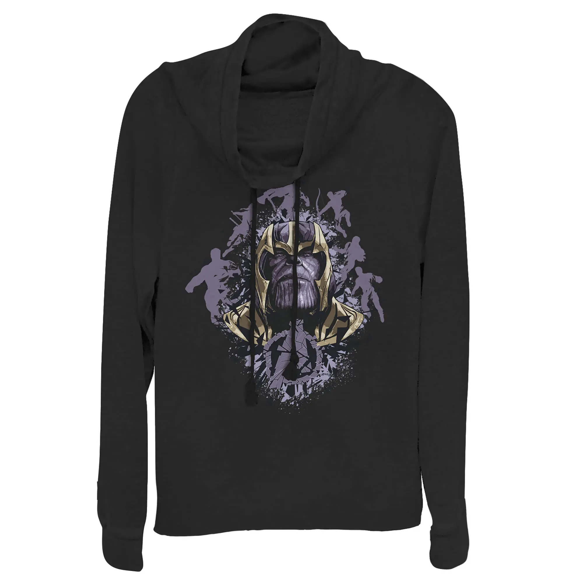 Juniors Womens Marvel Avengers: Endgame Thanos Inkblot Frame Cowl Neck Sweatshirt