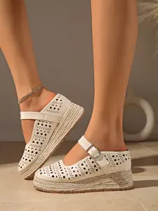 Women's Summer Fashion Chunky Heel Sandals, Thick Sole Hemp Rope Bottom, Inner Height Increase, One Strap Holey Shoes, Large Size