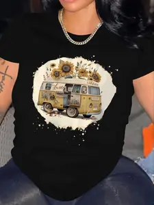 【Plus Size】 Floral & Vintage VW Bus Print Round Neck Tee, Casual Letter Graphic Short Sleeve T-shirt for Spring & Fall, Women's Plus Clothing for Daily Wear