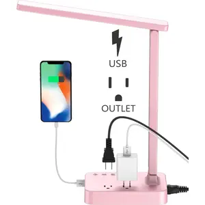 X-DLP05   LED Desk Lamp, Desk Light with 1 USB Charging Port and 2 AC Power Outlet, 3 Lighting Modes, 3 Level Brightness,1H Timer, Touch Control, Eye-Caring Home Office Foldable Table Lamp (Pink)