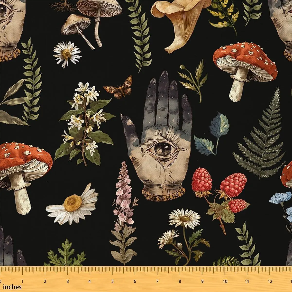 Mushroom Fabric Boho Hand Eye Hippie Daisy Fabric Wild Outdoor Plants Western Jungle Style Fabric DIY Soft Flannel Polyester No Stretch