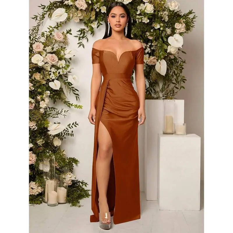 Off Shoulder Ruched High Slit Bridesmaid Dress Elegant Formal Evening Prom Wedding Guest Gown, For Graduation, Dinner Party Dress Womenswear Short Off Shoulder Ruched High Slit Bridesmaid Dress Elegant Formal Evening Prom Wedding Guest Gown, For Graduation, Dinner Party Dress Womenswear Short