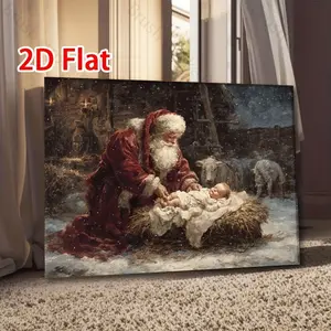 [2D Flat] Waterproof Framed Canvas Wall Art - Vintage Nativity Painting of Santa Claus Kneeling Before Baby in Snowy Stable with Animals, Traditional Christmas & Year-Round Indoor Decor for Living Room, Bedroom, Bathroom - Vibrant Colors