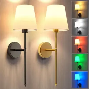 Industrial Wall Sconce With Linen Shade Copper/Black Metal Finish Stepless Dimming Rechargeable Fabric Wall Lamp E27 Base Flexible Neck For Bedroom Living Room And Bathroom Lighting (Bulbs RGB Included) Bathroom Decor Adjustable Leds