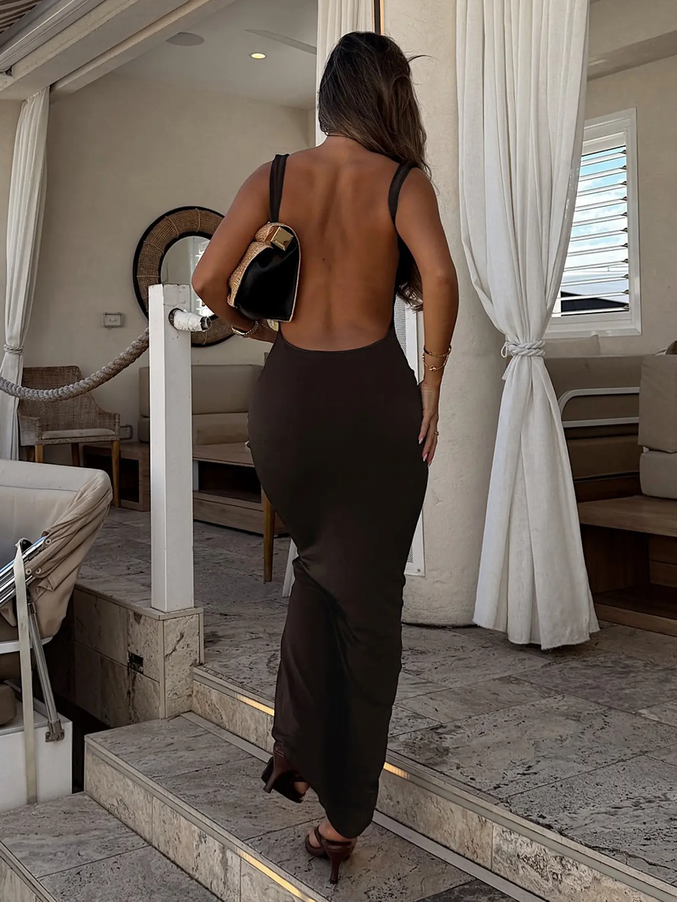 Women's Sexy Chocolate Brown Deep Backless Dress. Low Neckline Bodycon  Solid Party Dress, Chic Versatile for Layering or Outer Wear. Fall Winter  Bodycon Long Gown for Parties, Elegant Sleeveless Gown