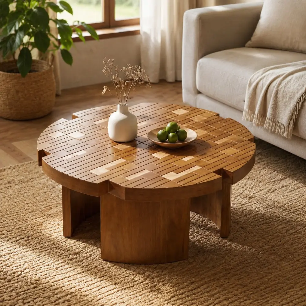 Littleox 31.5'' Mid-Century Flower Petal Coffee Table, Handmade Mosaic Inlaid Wooden Round Center Table, Vintage Walnut Patchwork Coffee Table for Farmhouse Boho Living Room